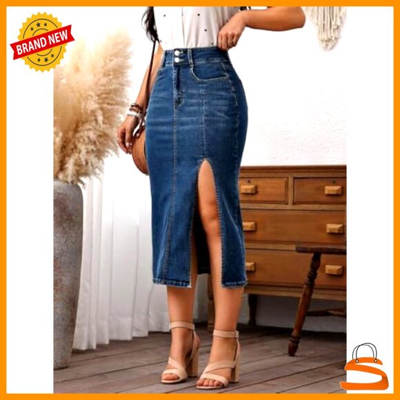 Stretch Denim Midi Skirt High Waist Side Slit Pockets Casual Wear - Picture 2 of 5